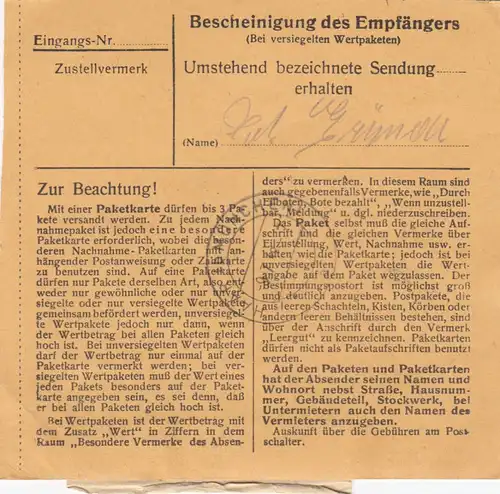 BiZone Paketkarte 1948: Gauting 2 nach Eglfing, Heilanstalt