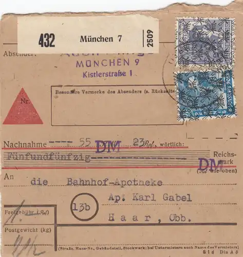 BiZone Paketkarte 1948: München 7 nach Apotheke Haar, Nachnahme