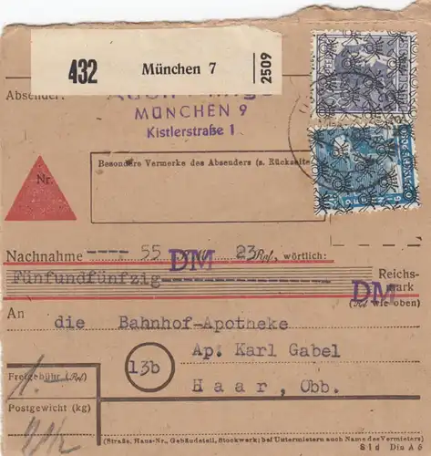 Carte de paquet BiZone 1948: Munich 7 après pharmacie cheveux, réduction