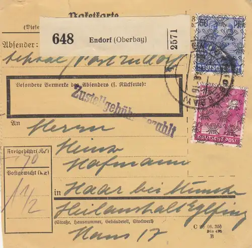 Carte de paquet BiZone 1948: Endorf après Haar, établissement de soins Eglfing