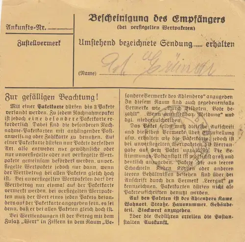BiZone Paketkarte 1948: Endorf nach Haar, Heilanstalt Eglfing