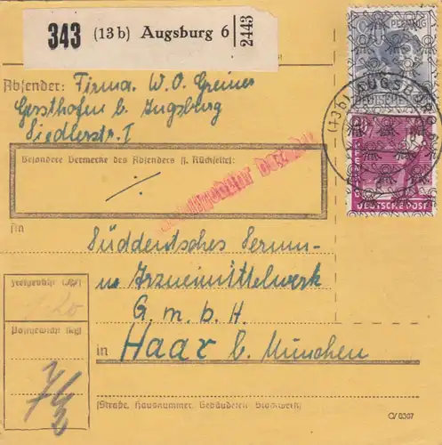 Carte de paquet BiZone 1948: Gersthofen b. Augsburg après Haar, usine pharmaceutique