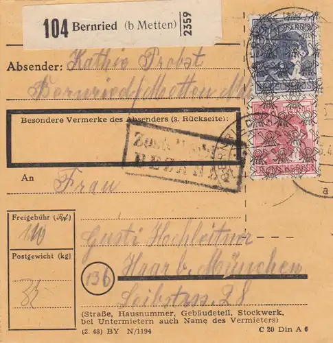 Carte de paquet BiZone 1948: Bernied/Metten par Haar b. Munich