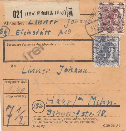 BiZone Paketkarte 1948: Eichstätt nach Haar bei München