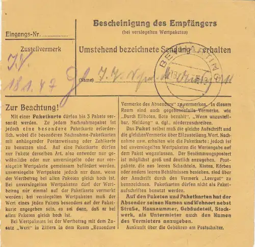 BiZone Paketkarte 1947: Unterhaching nach Schloß Maxlrain Bad Aibling, Altersh.