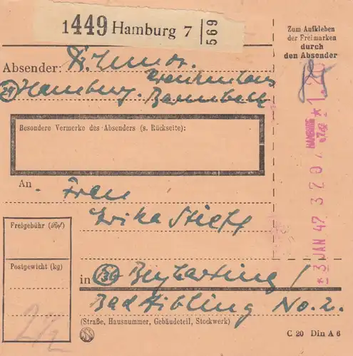 BiZone Paketkarte 1947: Hamburg nach Beyharting