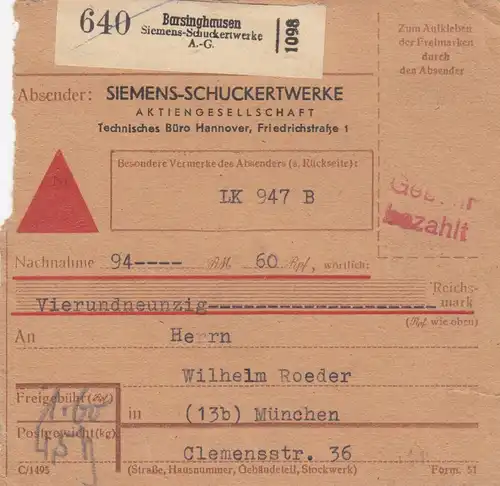 BiZone Paketkarte: Barsinghausen, Selbstbucher, LK 947 B, ohne Stempel, Nachnah.