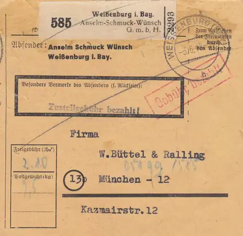 BiZone Paketkarte 1948: Weißenburg nach München, Selbstbucher