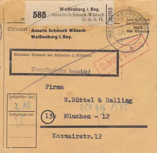 Carte de paquet BiZone 1948: Whiteenburg vers Munich, Auto-booker