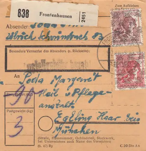 BiZone Paketkarte 1948: Frontenhausen nach Eglfing, Heilanstalt