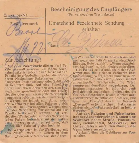 BiZone Paketkarte 1948: Frontenhausen nach Eglfing, Heilanstalt