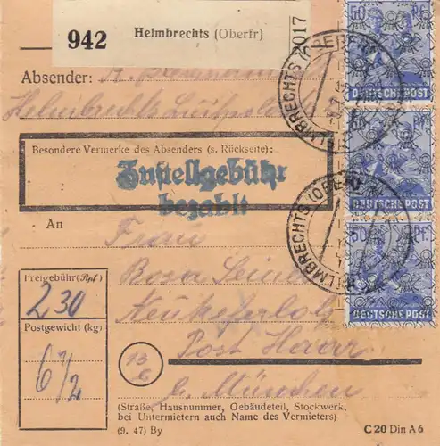 Carte de paquet BiZone 1948: droit à domicile après Neukeferloh