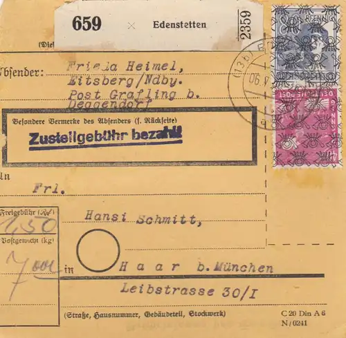 Carte de paquet BiZone 1948: Edenstetten selon Haar b. Munich