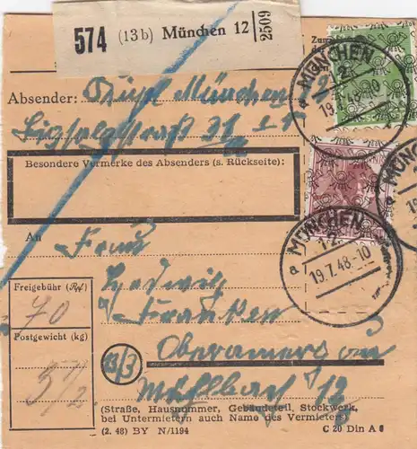 Carte de paquet BiZone 1948: Munich vers Oberammergau