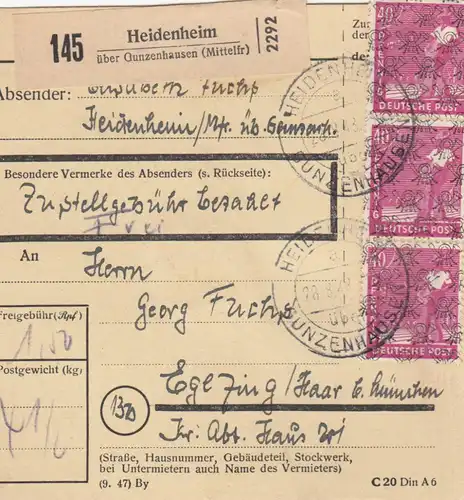 BiZone Paketkarte 1948: Heidenheim über Gunzenhausen nach Eglfing