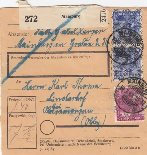 BiZone Paketkarte 1948: Mainburg nach Oberammergau Lindenhof