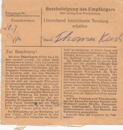 BiZone Paketkarte 1948: Mainburg nach Oberammergau Lindenhof