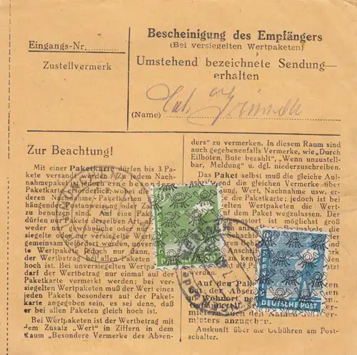 BiZone Paketkarte 1947: Ettringen Wertach nach Haar München