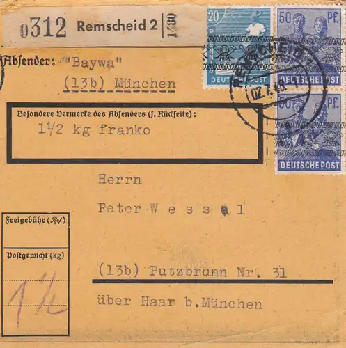 BiZone Paketkarte 1948: Remscheid nach Putzbrunn, 1 1/2 kg franko