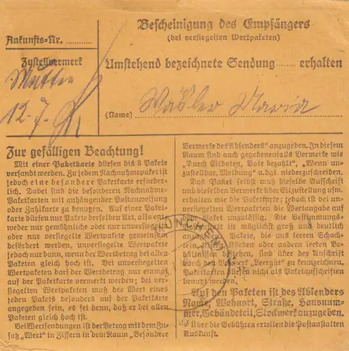 BiZone Paketkarte 1948: Remscheid nach Putzbrunn, 1 1/2 kg franko