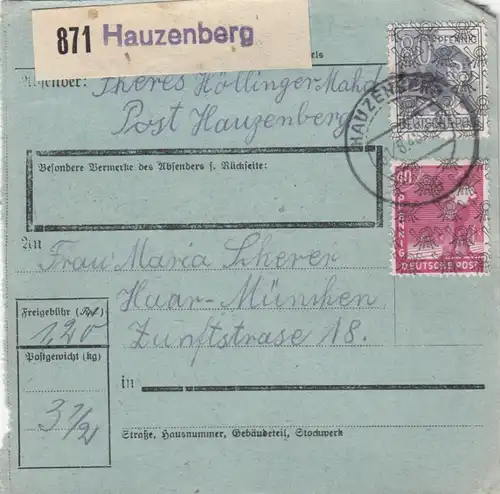 BiZone Paketkarte 1948: Hauzenberg nach Haar, besonderes Formular