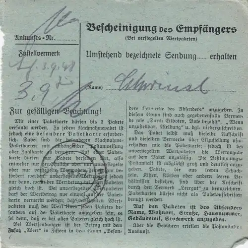 BiZone Paketkarte 1948: Hauzenberg nach Haar, besonderes Formular