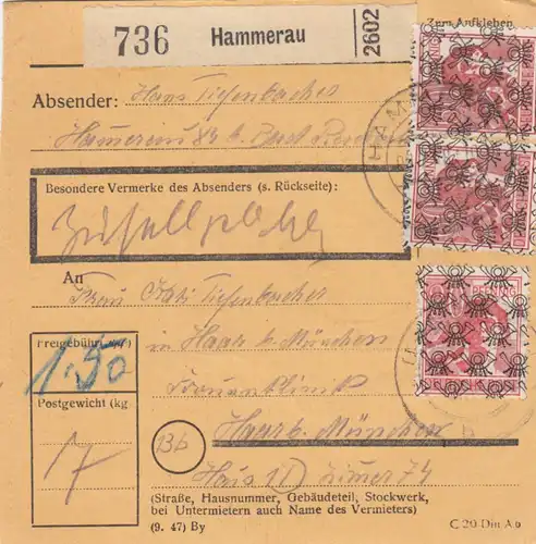 BiZone Paketkarte 1948: Hammerau nach Frauenklinik Haar