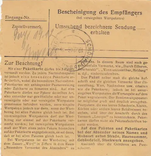 Paketkarte 1946: Taufkirchen bei München nach Schönau, Wertkarte