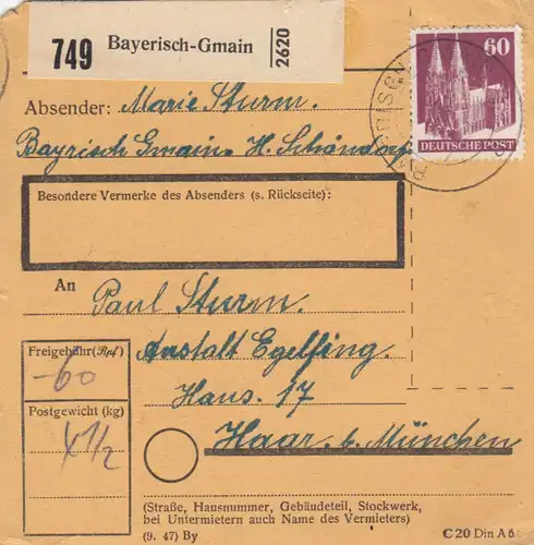 BiZone Paketkarte 1948: Bayersich-Gmain nach Haar Anstalt Eglfing