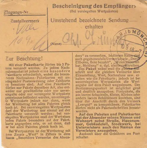 BiZone Paketkarte 1948: Bayersich-Gmain nach Haar Anstalt Eglfing