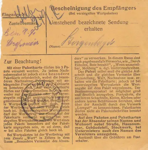 BiZone Paketkarte 1948: Buchbach Küchengeräte nach Putzbrunn