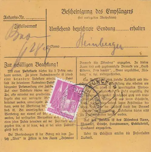 BiZone Paketkarte 1948: Hausen über Offenbach nach Haar, Selbstbucher, Lederw.