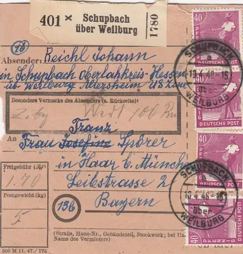 Carte de paquet 1948: Schupach Oberlahnkreis par cheveux, carte de valeur