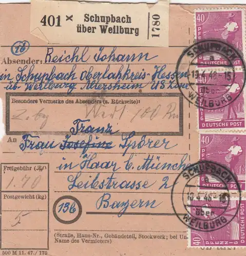 Paketkarte 1948: Schupach Oberlahnkreis nach Haar, Wertkarte
