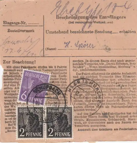 Paketkarte 1948: Schupach Oberlahnkreis nach Haar, Wertkarte
