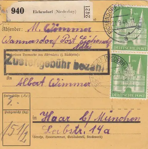 Carte de paquet BiZone 1948: Wannersdorf Eichendorf après Haar