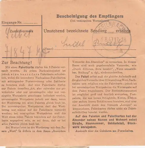 Carte de paquet 1947: Kinzenbach vers Feilnbach, Haus Wendelstein, carte de valeur