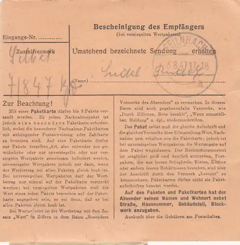 Paketkarte 1947: Kinzenbach nach Feilnbach, Haus Wendelstein, Wertkarte