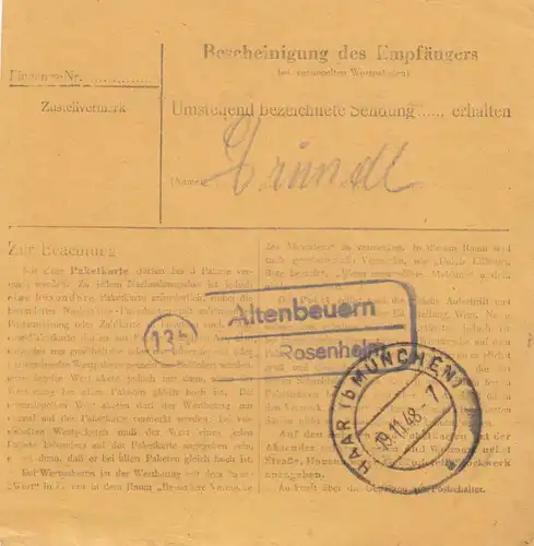 Carte de paquet BiZone 1948: Rosenheim Altenbrunn après Eglfing