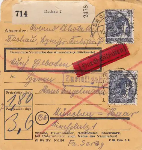 BiZone Paketkarte 1948: Dachau nach Haar, Haus Engelmann, durch Eilboten