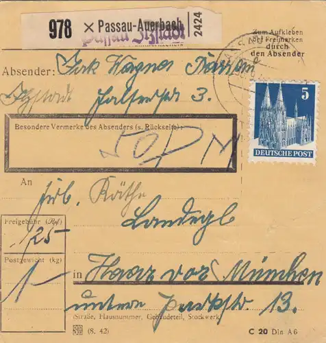 BiZone Paketkarte 1948: Passau-Auerbach nach Haar, Wertkarte