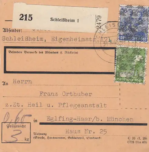 Carte de paquet BiZone 1948: Schleidsheim après Eglfing Cheveux, Heilnsstalt