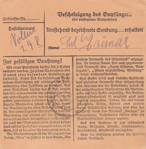 Carte de paquet BiZone 1948: Schleidsheim après Eglfing Cheveux, Heilnsstalt
