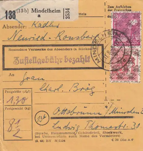 Carte de paquet BiZone 1948: Mindelheim Neuried vers Ottobrunn