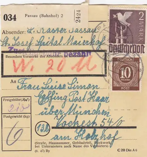 Paketkarte 1948: Passau St. Josef Spital nach Eglfing am Holzhof