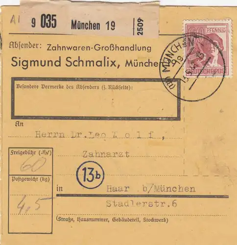 Paketkarte 1948: München, Zahngroßhandlung nach Haar
