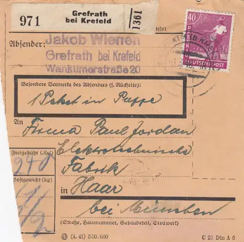 Carte de paquet 1948: Grefrath chez Krefeld par cheveux, 1 paquet en carton