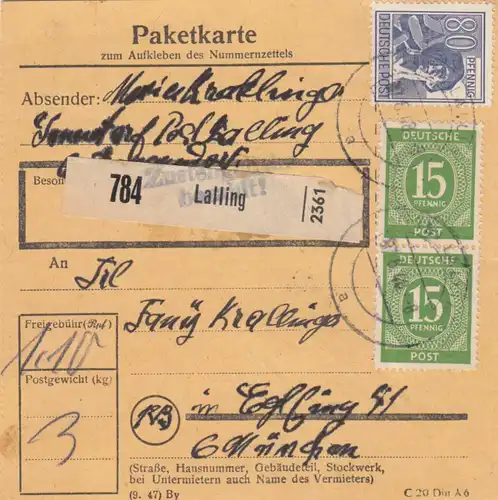 Carte de paquet 1948: Laling a Eglfing b. Munich