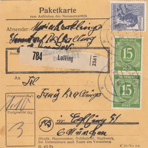 Paketkarte 1948: Lalling nach Eglfing b. München