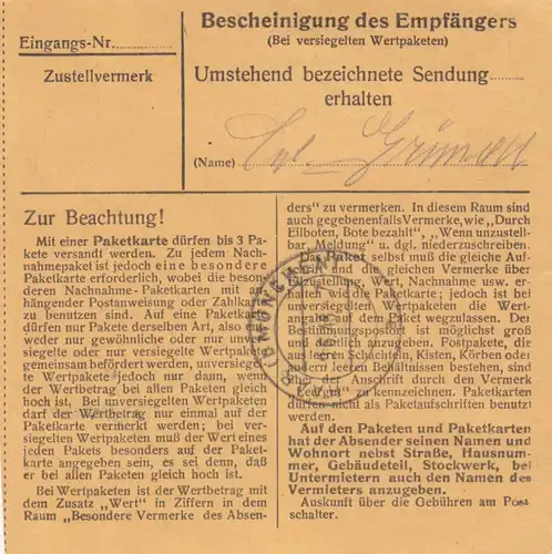 Paketkarte 1948: Lalling nach Eglfing b. München